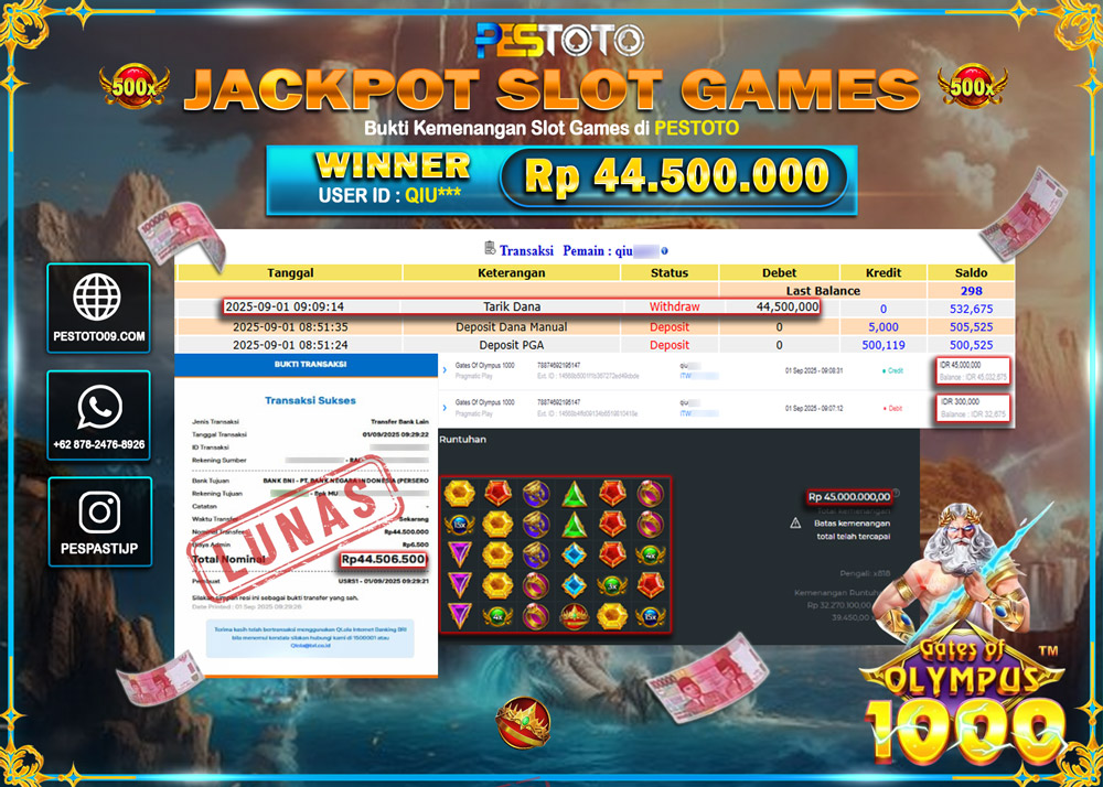 HANYA DI PESTOTO JP PASTI DI BAYAR LUNAS DAN CEPAT!!!! JP SLOT GAMES { GATES OF OLYMPUS 1000 } Rp 44.500.000 !!!