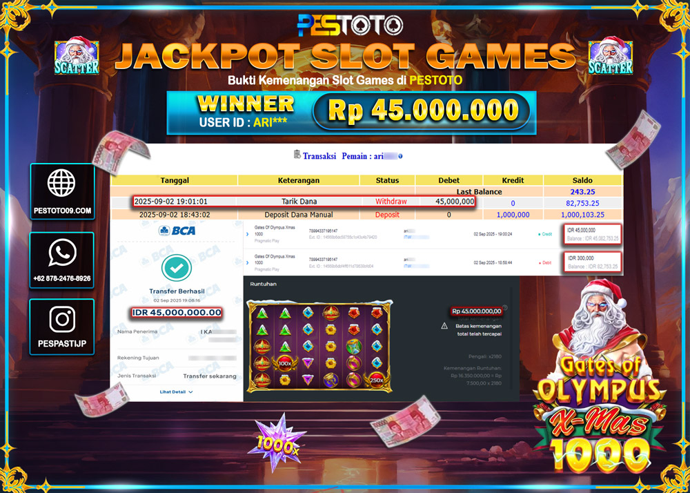 HANYA DI PESTOTO JP PASTI DI BAYAR LUNAS DAN CEPAT!!!! JP SLOT GAMES { GATES OF OLYMPUS X-MAS 1000 } Rp 45.000.000 !!!