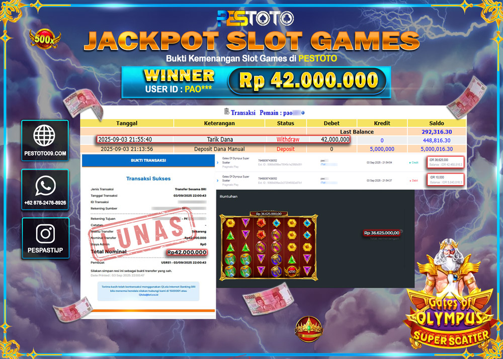 HANYA DI PESTOTO JP PASTI DI BAYAR LUNAS DAN CEPAT!!!! JP SLOT GAMES { GATES OF OLYMPUS SUPER SCATTER } Rp 42.000.000 !!!