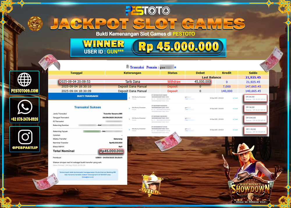 HANYA DI PESTOTO JP PASTI DI BAYAR LUNAS DAN CEPAT!!!! JP SLOT GAMES { WILD BOUNTY SHOWDOWN } Rp 45.000.000 !!!