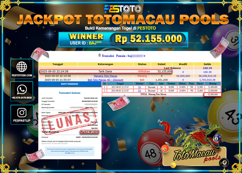 HANYA DI PESTOTO JP PASTI DI BAYAR LUNAS DAN CEPAT!!!! JP TOGEL { TOTOMACAU 4D } Rp 52.155.000 !!!