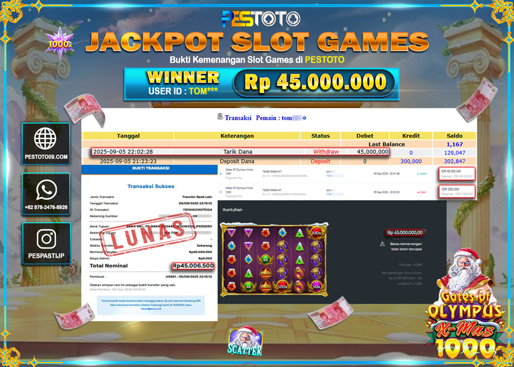 HANYA DI PESTOTO JP PASTI DI BAYAR LUNAS DAN CEPAT!!!! JP SLOT GAMES { GATES OF OLYMPUS X-MAS 1000 } Rp 45.000.000 !!!