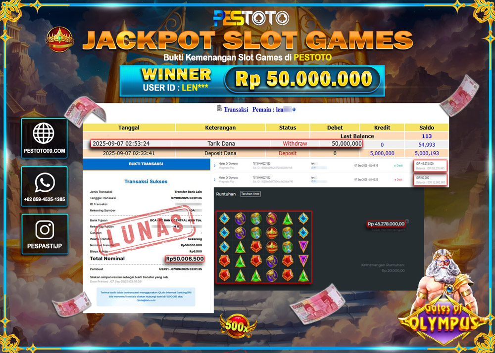 HANYA DI PESTOTO JP PASTI DI BAYAR LUNAS DAN CEPAT!!!! JP SLOT GAMES { GATES OF OLYMPUS } Rp 50.000.000 !!!