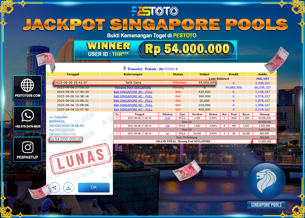 HANYA DI PESTOTO JP PASTI DI BAYAR LUNAS DAN CEPAT!!!! JP TOGEL { SINGAPORE } Rp 54.000.000 !!!