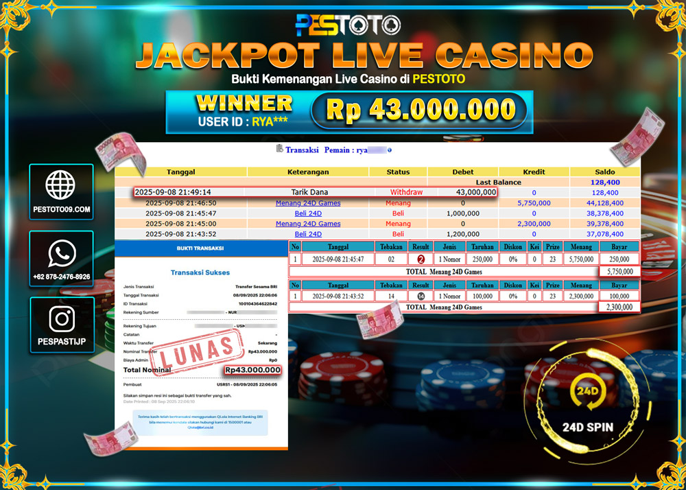 HANYA DI PESTOTO JP PASTI DI BAYAR LUNAS DAN CEPAT!!!! JP LIVE CASINO { 24D SPIN GAMES } Rp 43.000.000 !!!