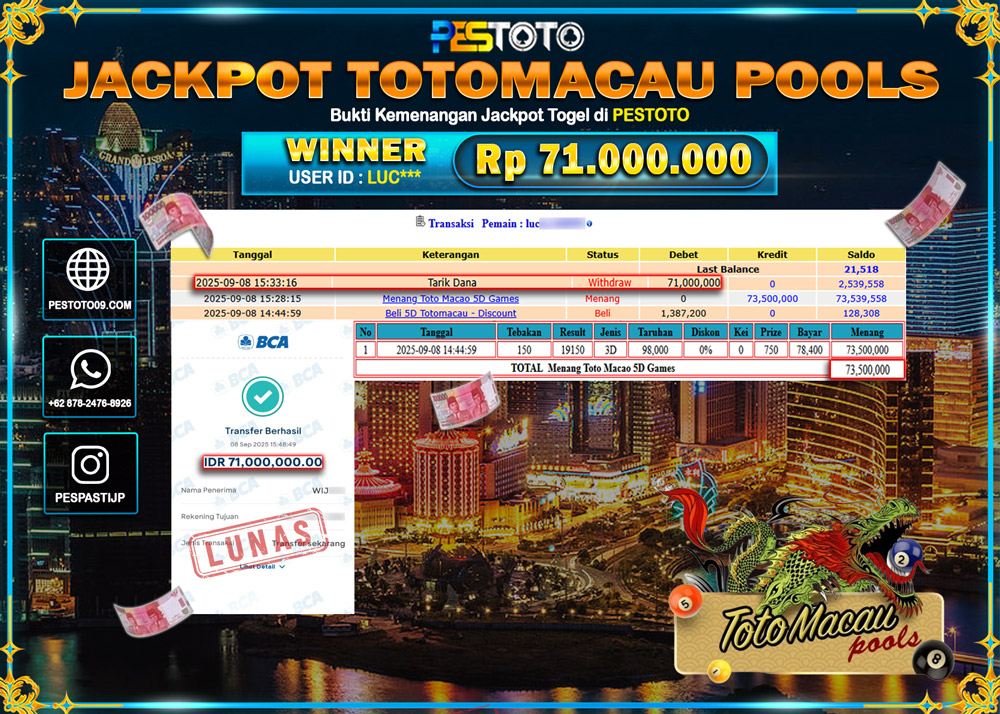 HANYA DI PESTOTO JP PASTI DI BAYAR LUNAS DAN CEPAT!!!! JP TOGEL { TOTO MACAU 5D } Rp 71.000.000 !!!