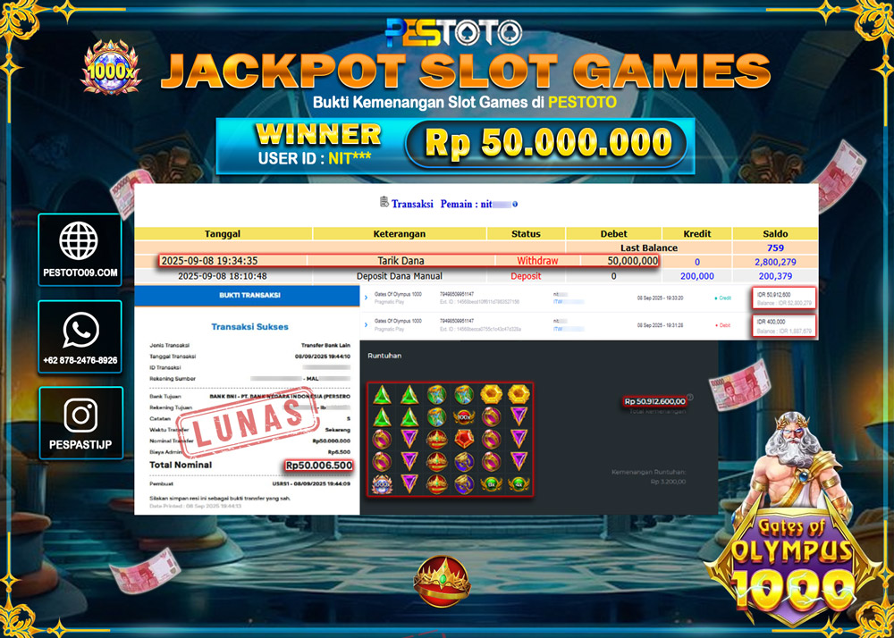 HANYA DI PESTOTO JP PASTI DI BAYAR LUNAS DAN CEPAT!!!! JP SLOT GAMES { GATES OF OLYMPUS 1000 } Rp 50.000.000 !!!
