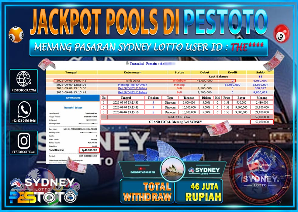 HANYA DI PESTOTO JP PASTI DI BAYAR LUNAS DAN CEPAT!!!! JP TOGEL { SYDNEY LOTTO } Rp 46.000.000 !!!