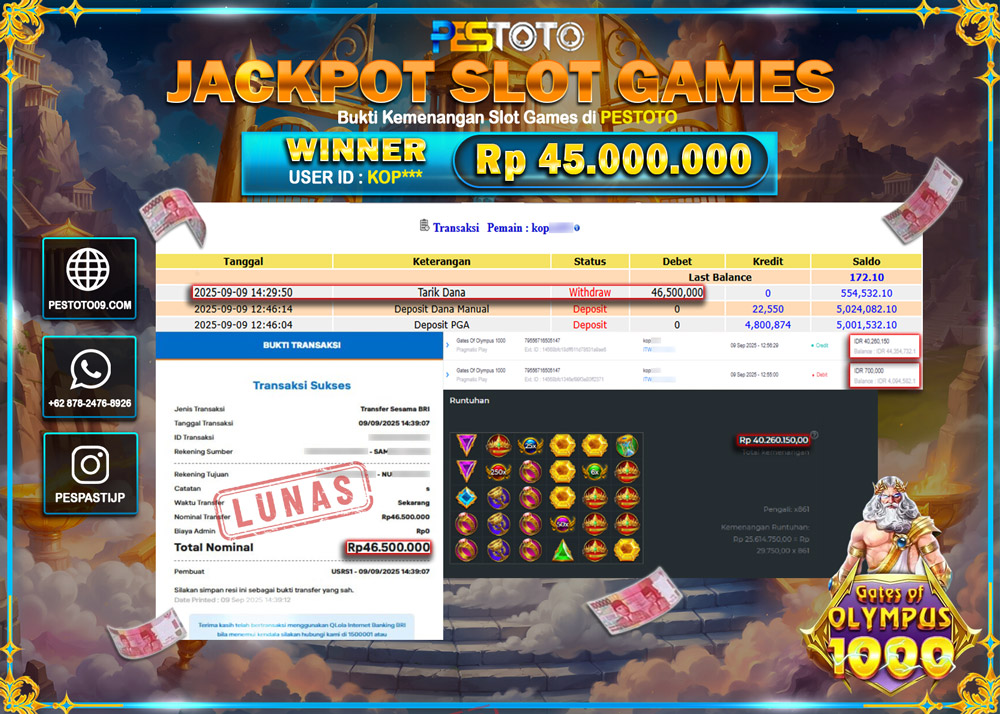 HANYA DI PESTOTO JP PASTI DI BAYAR LUNAS DAN CEPAT!!!! JP SLOT GAMES { GATES OF OLYMPUS 1000 } Rp 45.000.000 !!!