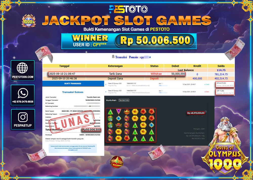 HANYA DI PESTOTO JP PASTI DI BAYAR LUNAS DAN CEPAT!!!! JP SLOT GAMES { GATES OF OLYMPUS 1000  } Rp 50.006.500 !!!