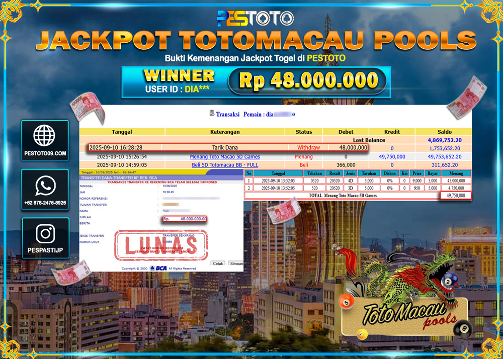 HANYA DI PESTOTO JP PASTI DI BAYAR LUNAS DAN CEPAT!!!! JP TOGEL { TOTOMACAU 5D } Rp 48.000.000 !!!