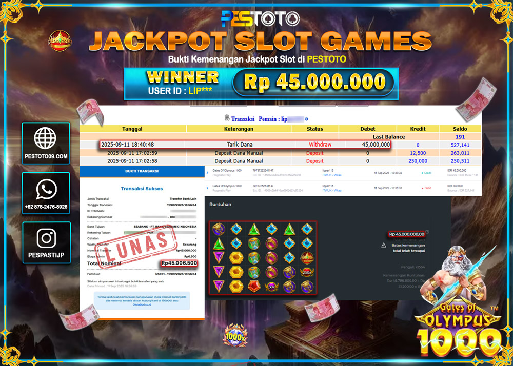 HANYA DI PESTOTO JP PASTI DI BAYAR LUNAS DAN CEPAT!!!! JP SLOT GAMES { GATES OF OLYMPUS 1000 } Rp 45.006.500 !!!