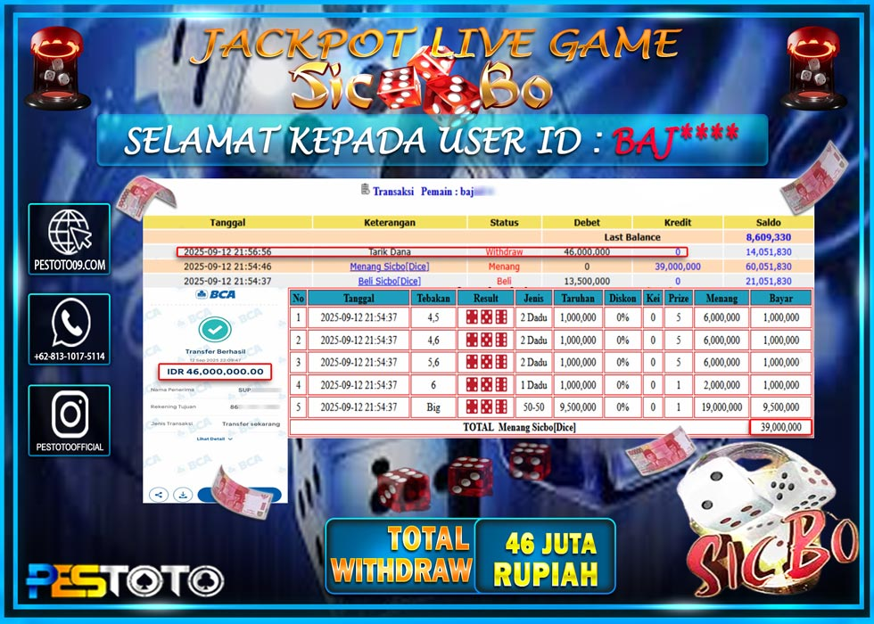 HANYA DI PESTOTO JP PASTI DI BAYAR LUNAS DAN CEPAT!!!! JP LIVE GAME { SICBO DICE } Rp 46.000.000 !!!