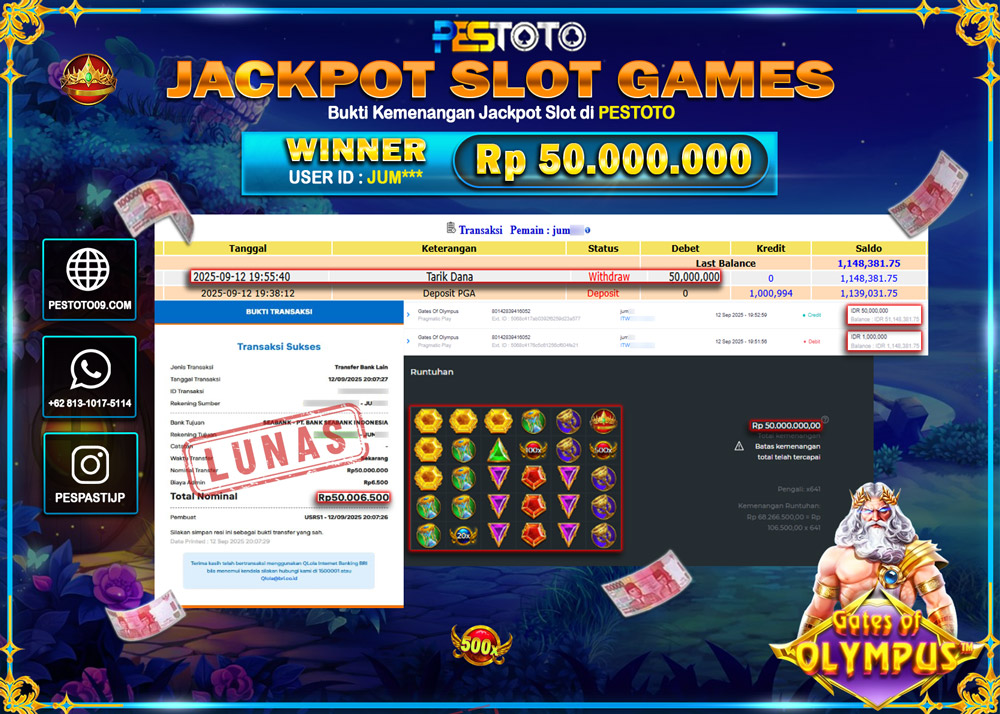 HANYA DI PESTOTO JP PASTI DI BAYAR LUNAS DAN CEPAT!!!! JP SLOT GAMES { GATES OF OLYMPUS  } Rp 50.000.000 !!!