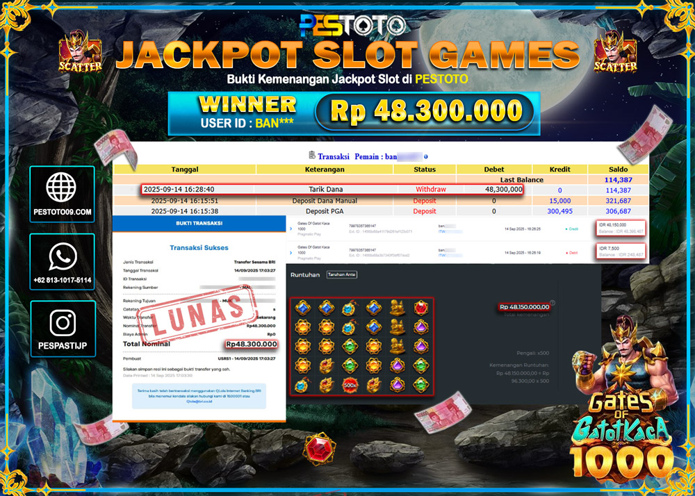 HANYA DI PESTOTO JP PASTI DI BAYAR LUNAS DAN CEPAT!!!! JP SLOT GAMES { GATES OF GATOTKACA 1000 } Rp 48.300.000 !!!