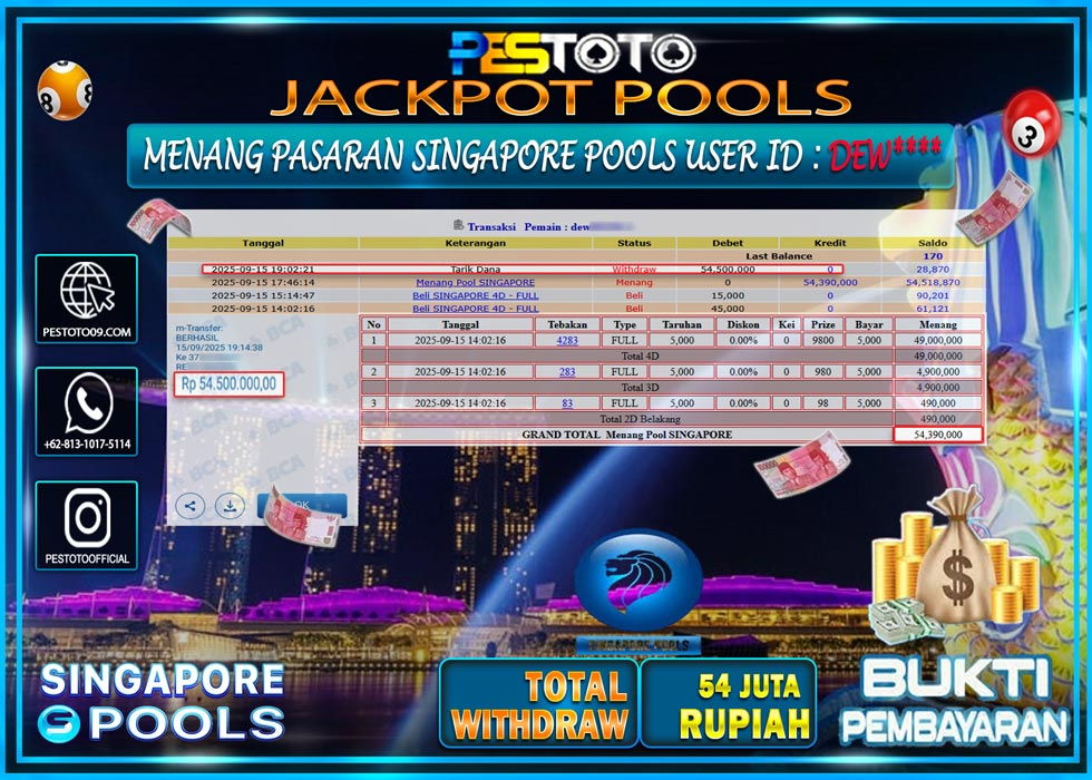 HANYA DI PESTOTO JP PASTI DI BAYAR LUNAS DAN CEPAT!!!! JP TOGEL { SINGAPORE POOLS } Rp 54.000.000 !!!