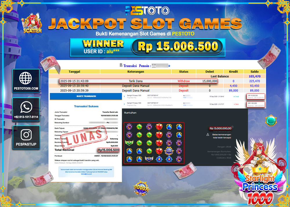 HANYA DI PESTOTO JP PASTI DI BAYAR LUNAS DAN CEPAT!!!! JP SLOT GAMES { STARLIGHT PRINCESS 1000 } Rp 15.006.500 !!!