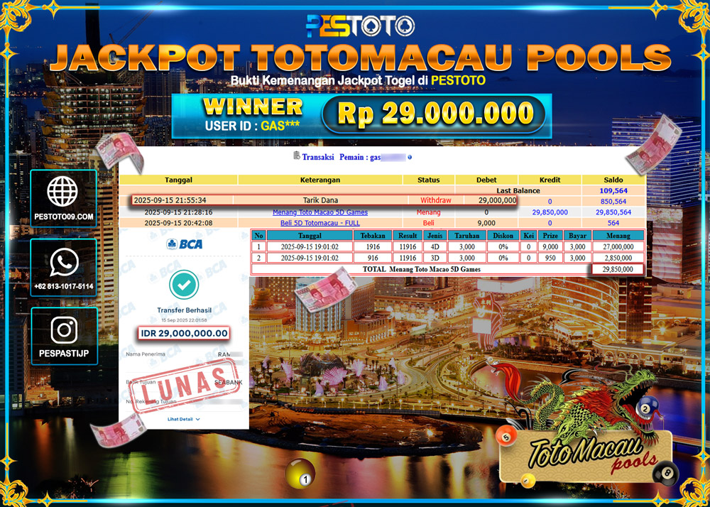 HANYA DI PESTOTO JP PASTI DI BAYAR LUNAS DAN CEPAT!!!! JP TOGEL { TOTOMACAU 5D GAMES } Rp 29.000.000 !!!