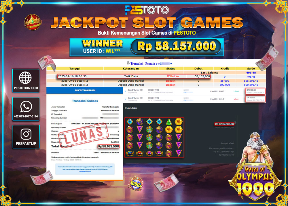 HANYA DI PESTOTO JP PASTI DI BAYAR LUNAS DAN CEPAT!! JP SLOT GAMES{ GATES OF OLYMPUS 1000 } Rp 58.163.500 !!!