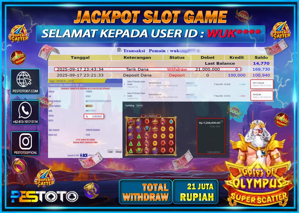 HANYA DI PESTOTO JP PASTI DI BAYAR LUNAS DAN CEPAT!! JP SLOT GAMES { GATES OF OLYMPUS SUPER SCATTER } Rp 21.000.000 !!!