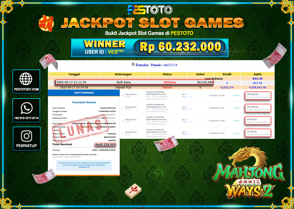 HANYA DI PESTOTO JP PASTI DI BAYAR LUNAS DAN CEPAT!! JP SLOT GAMES { MAHJONG WAYS 2 } Rp 60.232.000 !!!