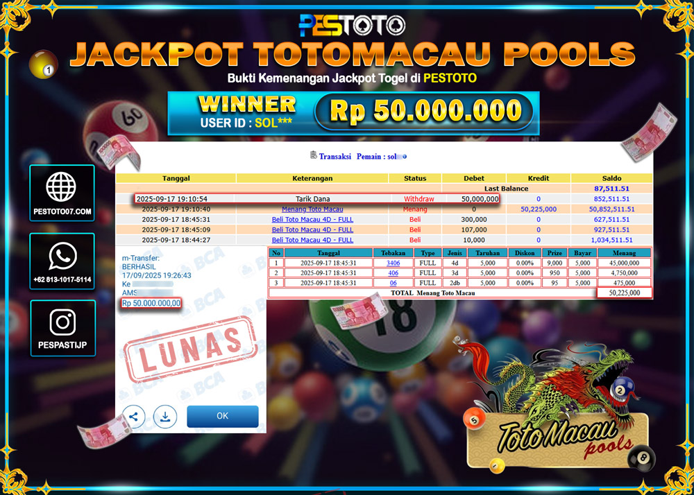 HANYA DI PESTOTO JP PASTI DI BAYAR LUNAS DAN CEPAT!! JP TOGEL { TOTOMACAU 4D } Rp 50.000.000 !!!
