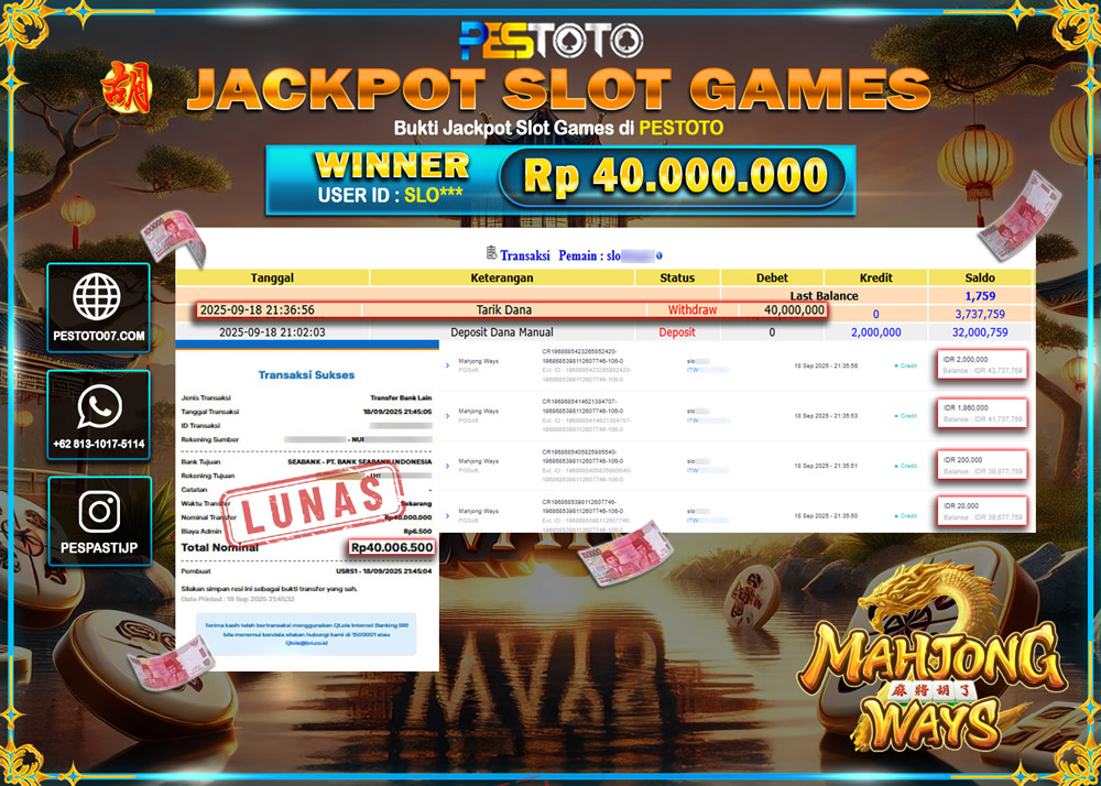 HANYA DI PESTOTO JP PASTI DI BAYAR LUNAS DAN CEPAT!! JP SLOT GAMES { MAHJONG WAYS } Rp 40.000.000 !!!