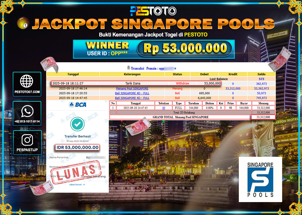 HANYA DI PESTOTO JP PASTI DI BAYAR LUNAS DAN CEPAT!! JP TOGEL { SINGAPORE POOLS } Rp 53.000.000 !!!