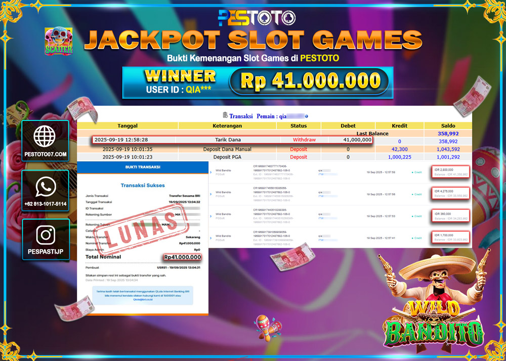 HANYA DI PESTOTO JP PASTI DI BAYAR LUNAS DAN CEPAT!! JP SLOT GAMES { WILD BANDITO } Rp 41.000.000 !!!