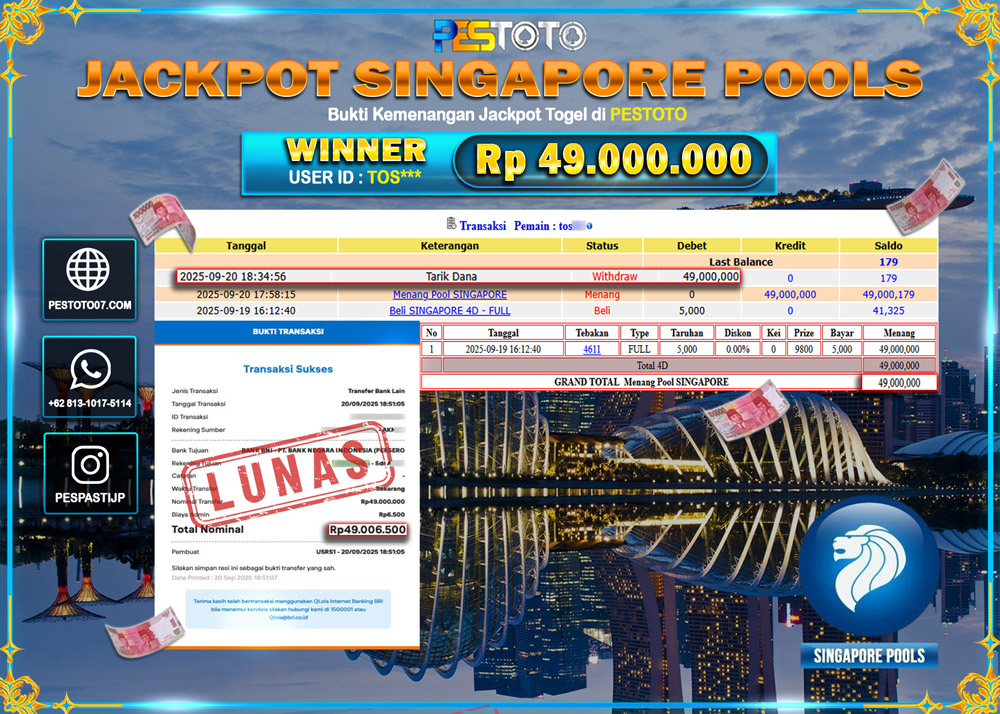 HANYA DI PESTOTO JP PASTI DI BAYAR LUNAS DAN CEPAT!! JP TOGEL { SINGAPORE POOLS } Rp 50.000.000 !!!