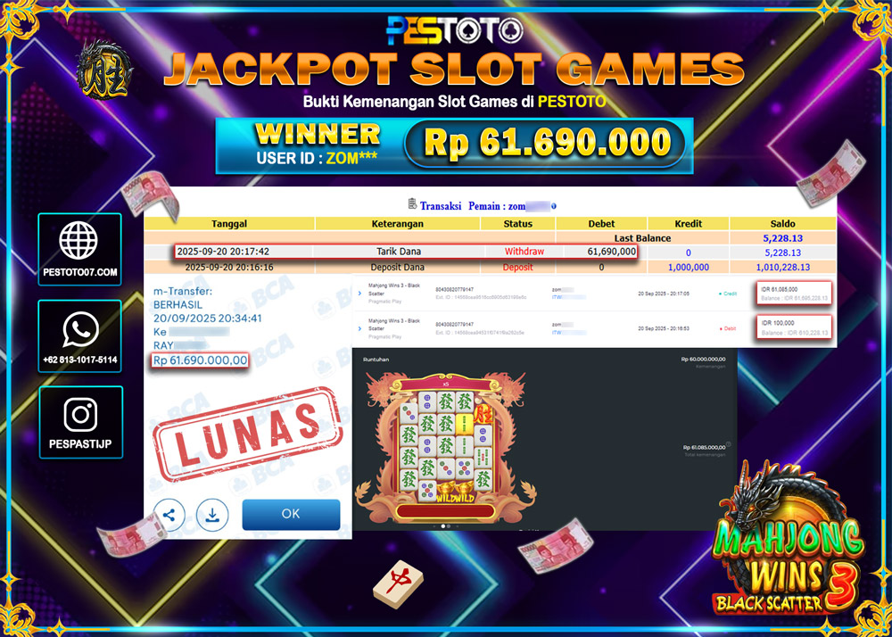 HANYA DI PESTOTO JP PASTI DI BAYAR LUNAS DAN CEPAT!! JP SLOT GAMES { MAHJONG WINS 3 - BLACK SCATTER } Rp 61.690.000 !!!