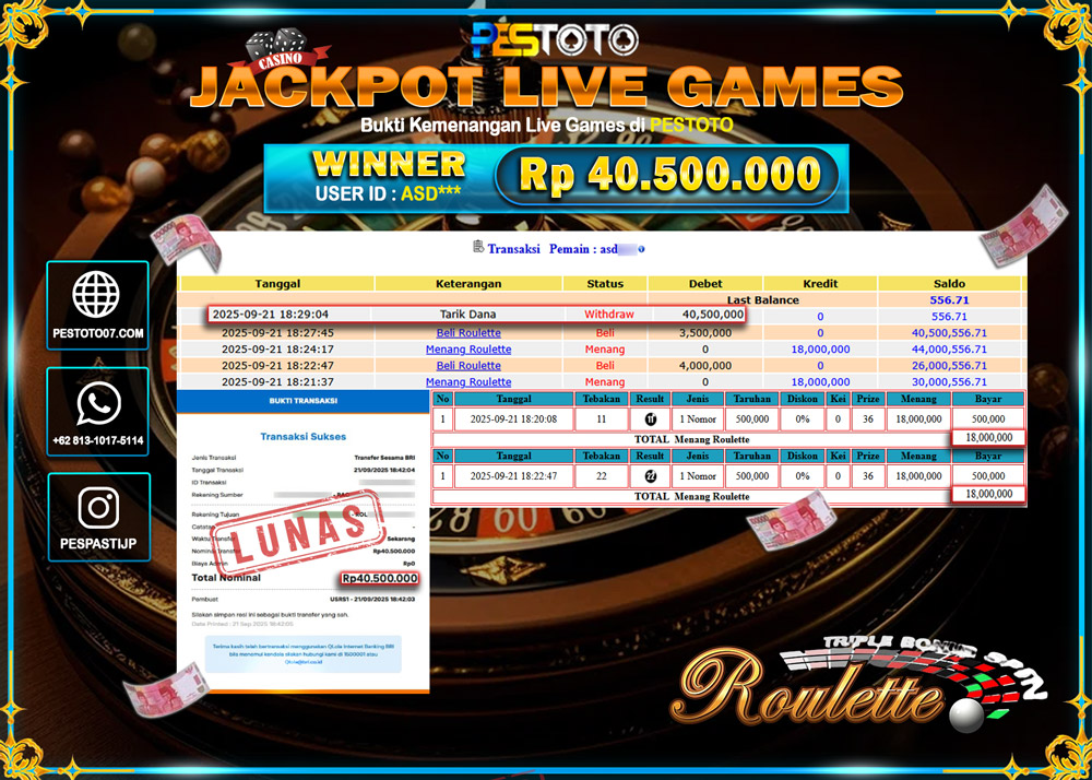 HANYA DI PESTOTO JP PASTI DI BAYAR LUNAS DAN CEPAT!! JP LIVE GAMES { ROULETTE } Rp 40.500.000 !!!