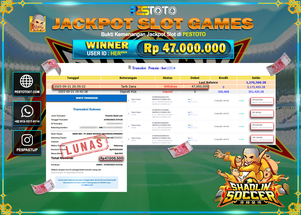 HANYA DI PESTOTO JP PASTI DI BAYAR LUNAS DAN CEPAT!! JP SLOT GAMES { SHAOLIN SOCCER } Rp 47.006.500 !!!