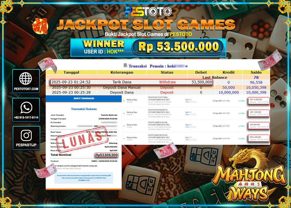 HANYA DI PESTOTO JP PASTI DI BAYAR LUNAS DAN CEPAT!! JP SLOT GAMES { MAHJONG WAYS } Rp 53.506.500 !!!