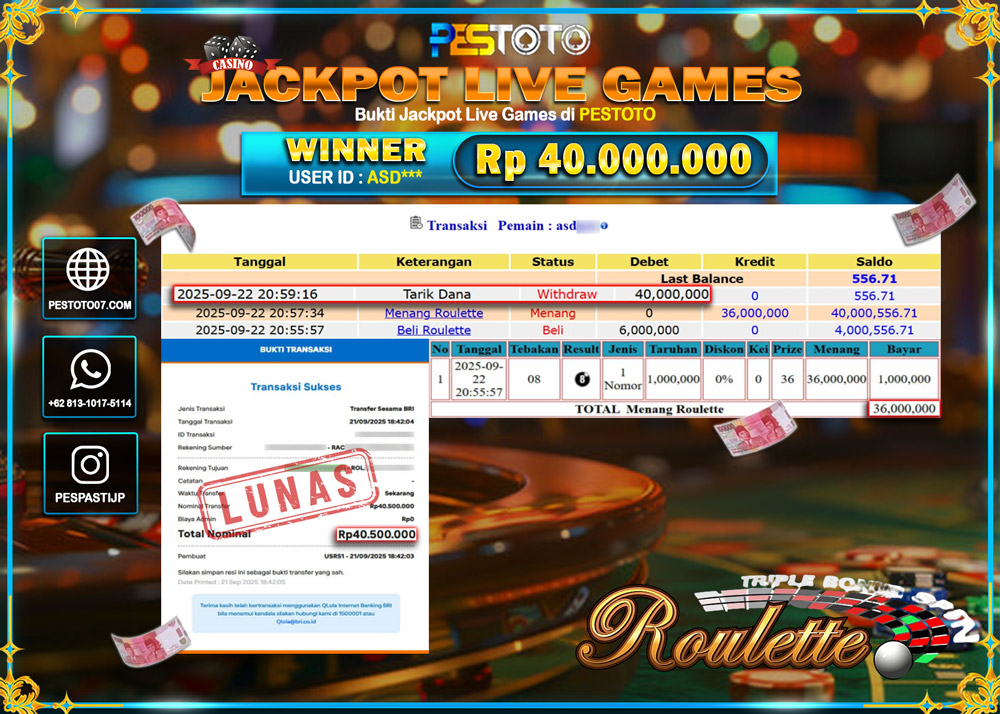 HANYA DI PESTOTO JP PASTI DI BAYAR LUNAS DAN CEPAT!! JP LIVE GAMES { ROULETTE } Rp 40.000.000 !!!