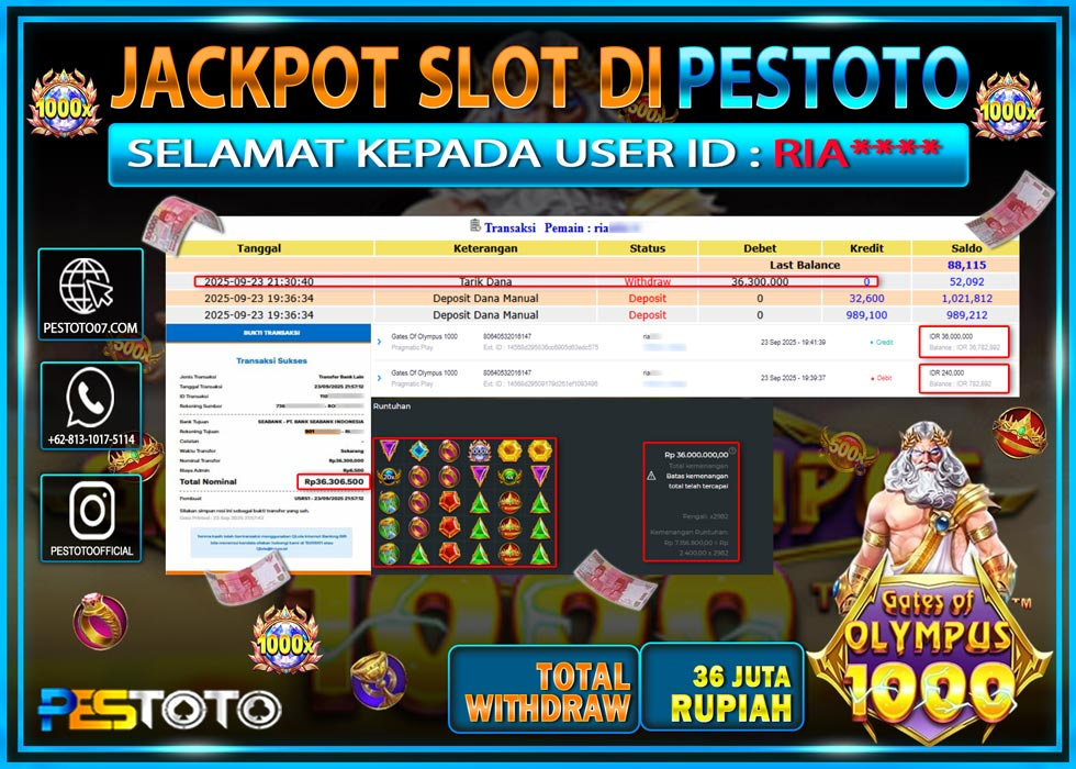 HANYA DI PESTOTO JP PASTI DI BAYAR LUNAS DAN CEPAT!! JP SLOT GAMES { GATES OF OLYMPUS 1000 } Rp 36.300.000 !!!