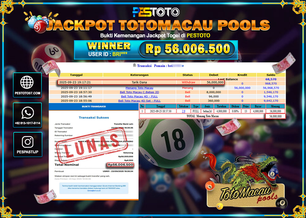 HANYA DI PESTOTO JP PASTI DI BAYAR LUNAS DAN CEPAT!! JP TOGEL { TOTOMACAU POOLS } Rp 56.006.500 !!!