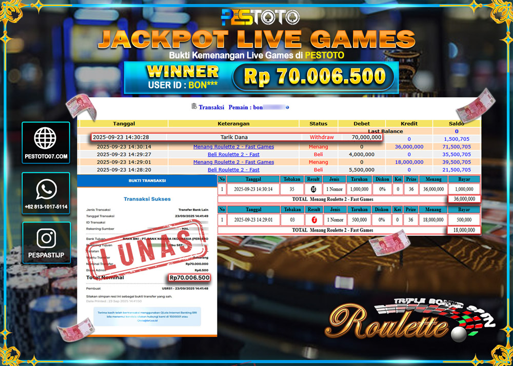 HANYA DI PESTOTO JP PASTI DI BAYAR LUNAS DAN CEPAT!! JP LIVE GAMES { ROULETTE } Rp 70.006.500 !!!