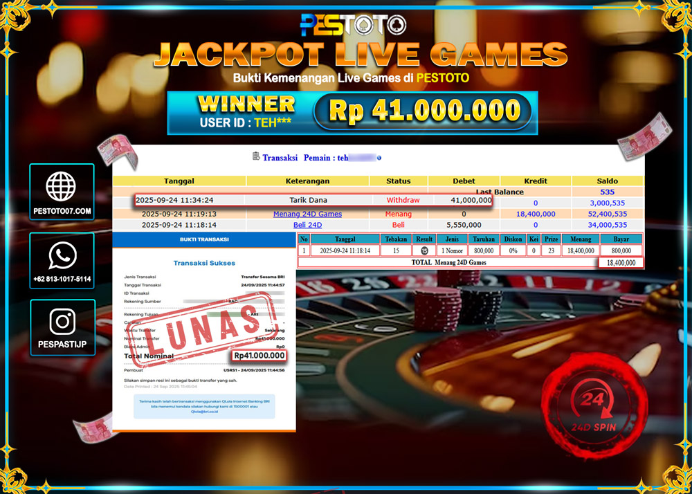 HANYA DI PESTOTO JP PASTI DI BAYAR LUNAS DAN CEPAT!! JP LIVE GAMES { 24D SPIN GAMES } Rp 41.000.000 !!!