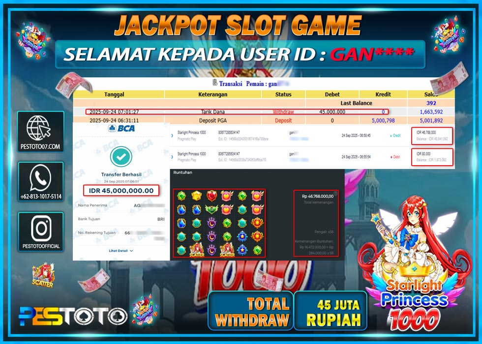 HANYA DI PESTOTO JP PASTI DI BAYAR LUNAS DAN CEPAT!! JP SLOT GAMES { STARLIGHT PRINCESS 1000 } Rp 45.000.000 !!!