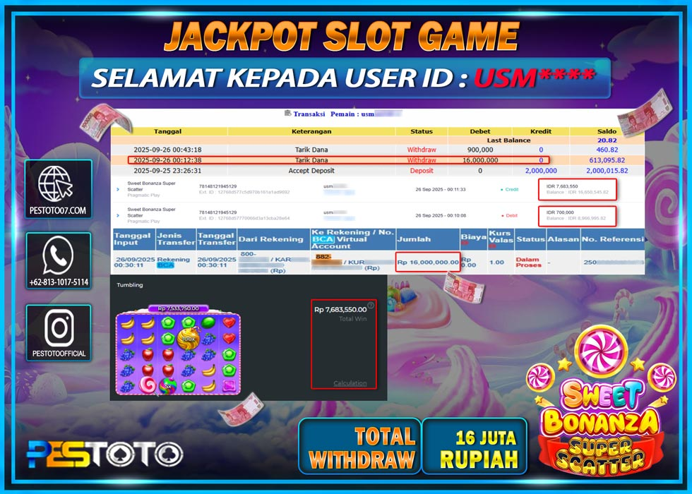 HANYA DI PESTOTO JP PASTI DI BAYAR LUNAS DAN CEPAT!! JP SLOT GAMES { SWEET BONANZA SUPER SCATTER } Rp 16.000.000 !!!