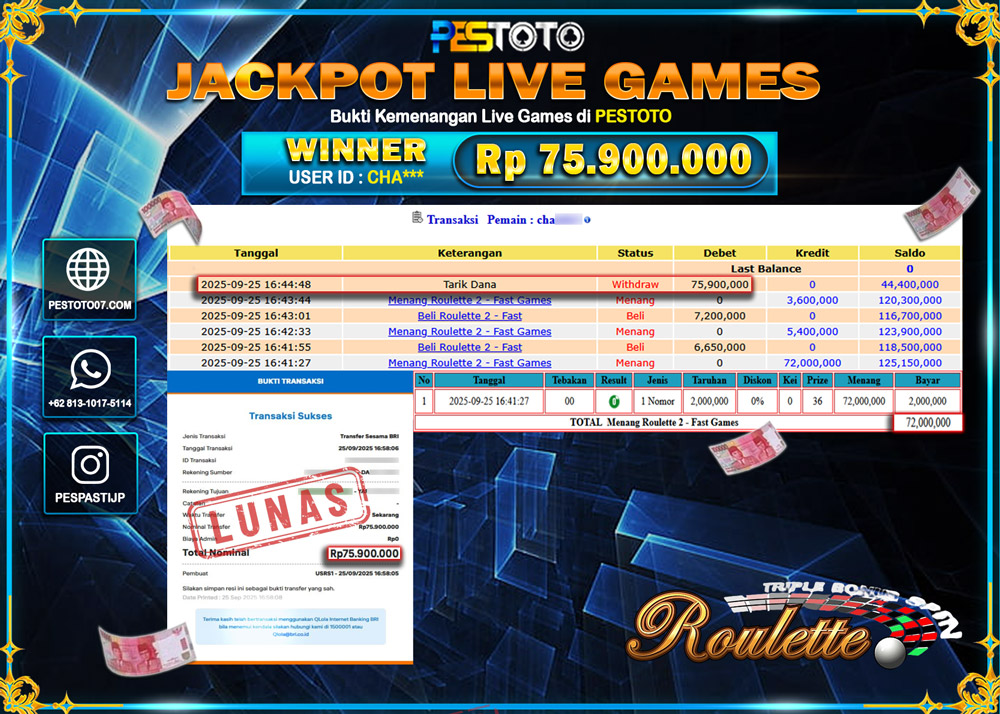 HANYA DI PESTOTO JP PASTI DI BAYAR LUNAS DAN CEPAT!! JP LIVE GAMES { ROULETTE} Rp 75.900.000 !!!