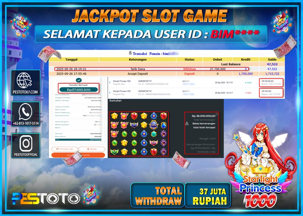 HANYA DI PESTOTO JP PASTI DI BAYAR LUNAS DAN CEPAT!! JP SLOT GAMES { STARLIGHT PRINCESS 1000 } Rp 37.000.000 !!!