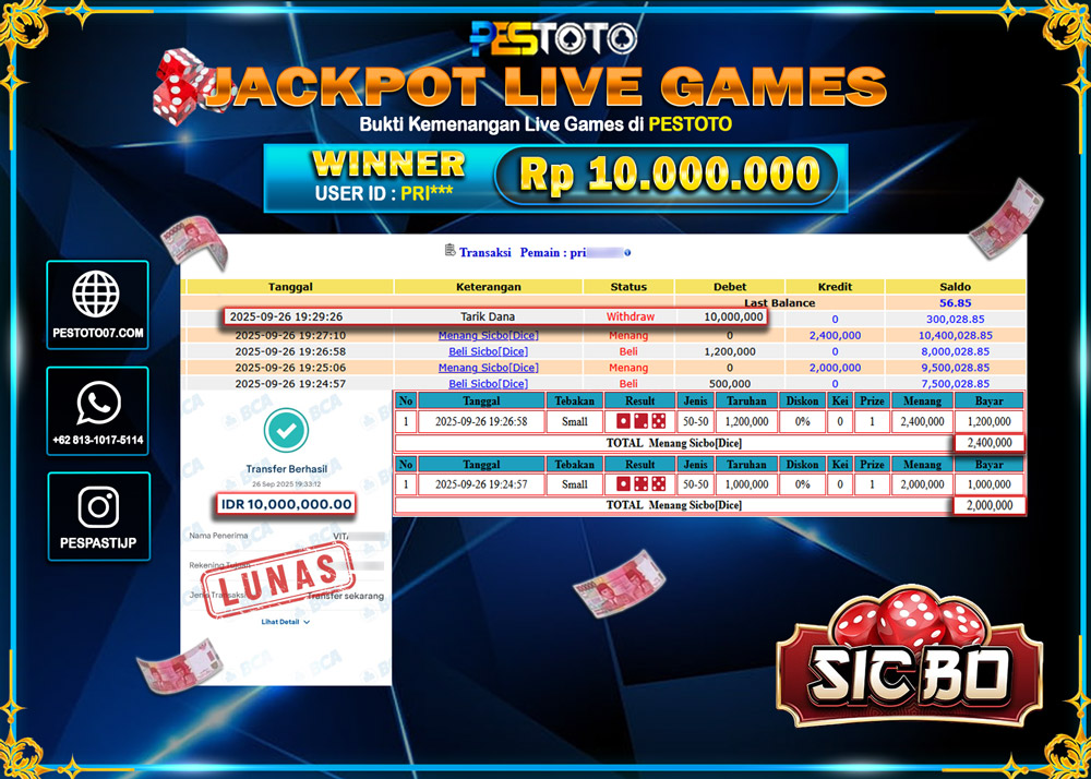 HANYA DI PESTOTO JP PASTI DI BAYAR LUNAS DAN CEPAT!! JP LIVE GAMES { SICBO DICE } Rp 10.000.000 !!!