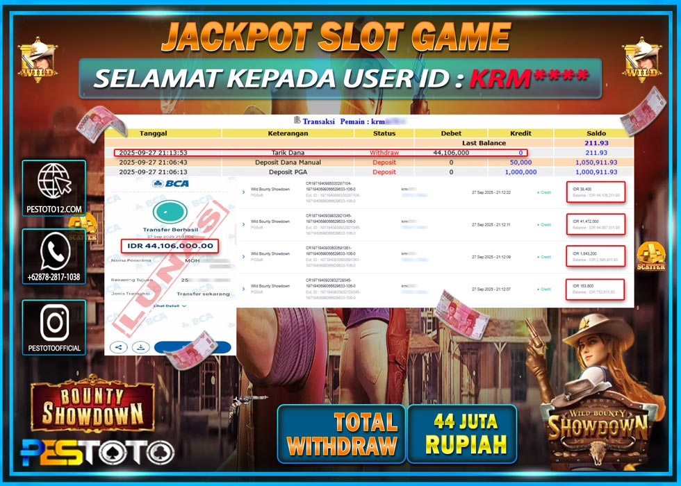 HANYA DI PESTOTO JP PASTI DI BAYAR LUNAS DAN CEPAT!! JP SLOT GAMES { WILD BOUNTY SHOWDOWN } Rp 44.000.000 !!!