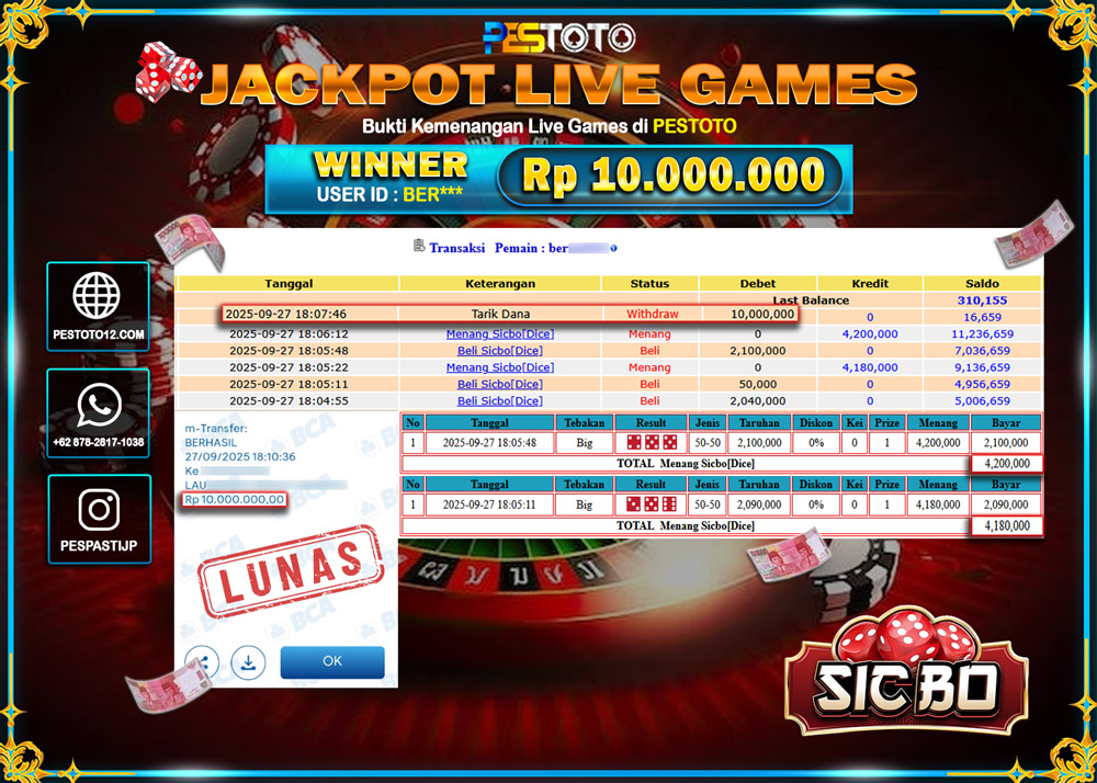 HANYA DI PESTOTO JP PASTI DI BAYAR LUNAS DAN CEPAT!! JP LIVE GAMES { SICBO DICE } Rp 10.000.000 !!!