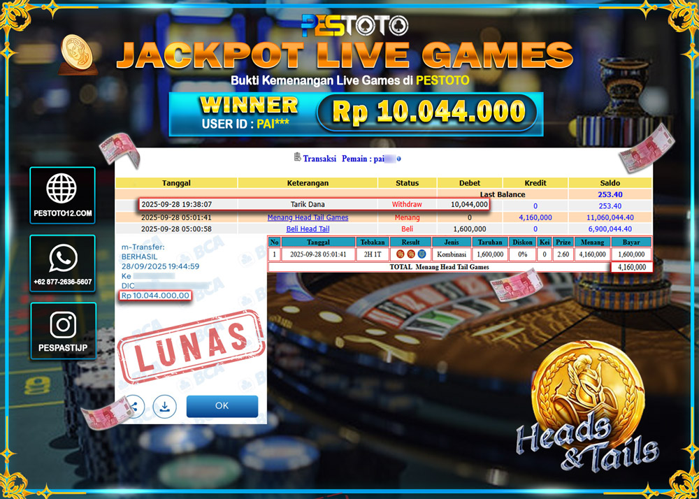 HANYA DI PESTOTO JP PASTI DI BAYAR LUNAS DAN CEPAT!! JP LIVE GAMES { HEAD TAIL GAMES } Rp 10.044.000 !!!