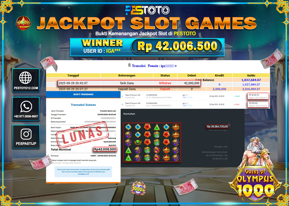 HANYA DI PESTOTO JP PASTI DI BAYAR LUNAS DAN CEPAT!! JP SLOT GAMES { GATES OF OLYMPUS 1000 } Rp 42.006.500 !!!