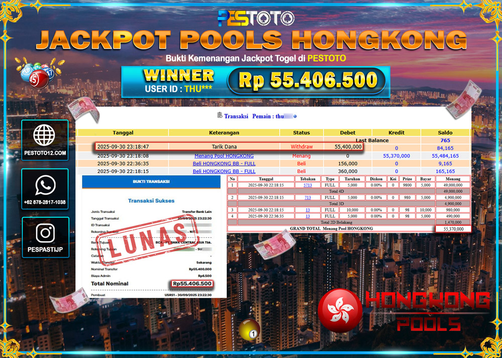 HANYA DI PESTOTO JP PASTI DI BAYAR LUNAS DAN CEPAT!! JP TOGEL { HONGKONG  } Rp 55.406.500 !!!