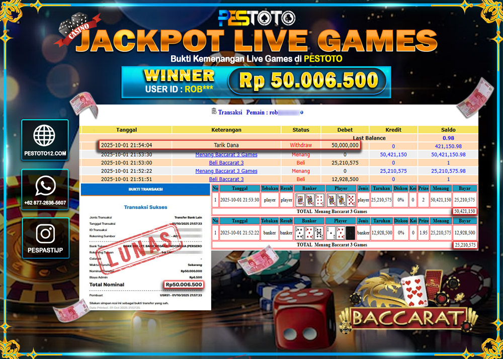HANYA DI PESTOTO JP PASTI DI BAYAR LUNAS DAN CEPAT!! JP LIVE GAMES { BACCARAT 3 GAMES } Rp 50.006.500 !!!